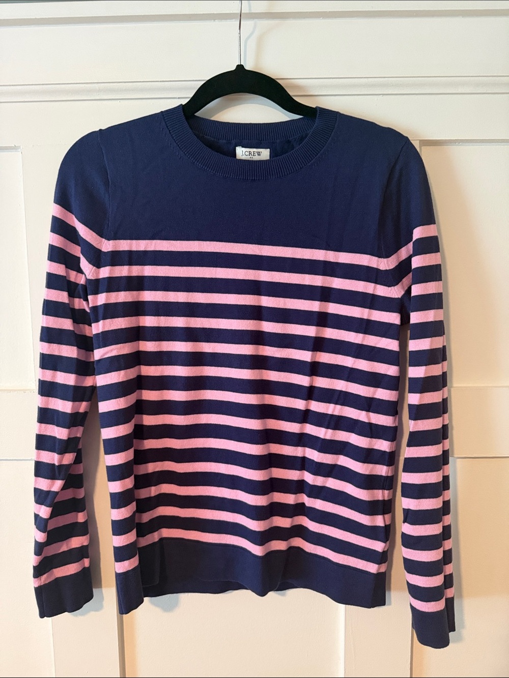 NWT J. Crew Navy and Pink Striped Teddie Crewneck Sweater - size S